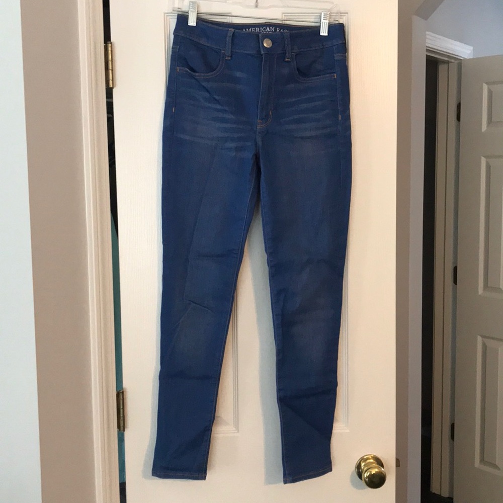 AE bright blue jeans—hi rise jegging